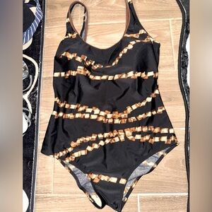 Sariana Designer One-Piece Swimsuit - Black/Brown/Gold Chic Chain Print Size 16